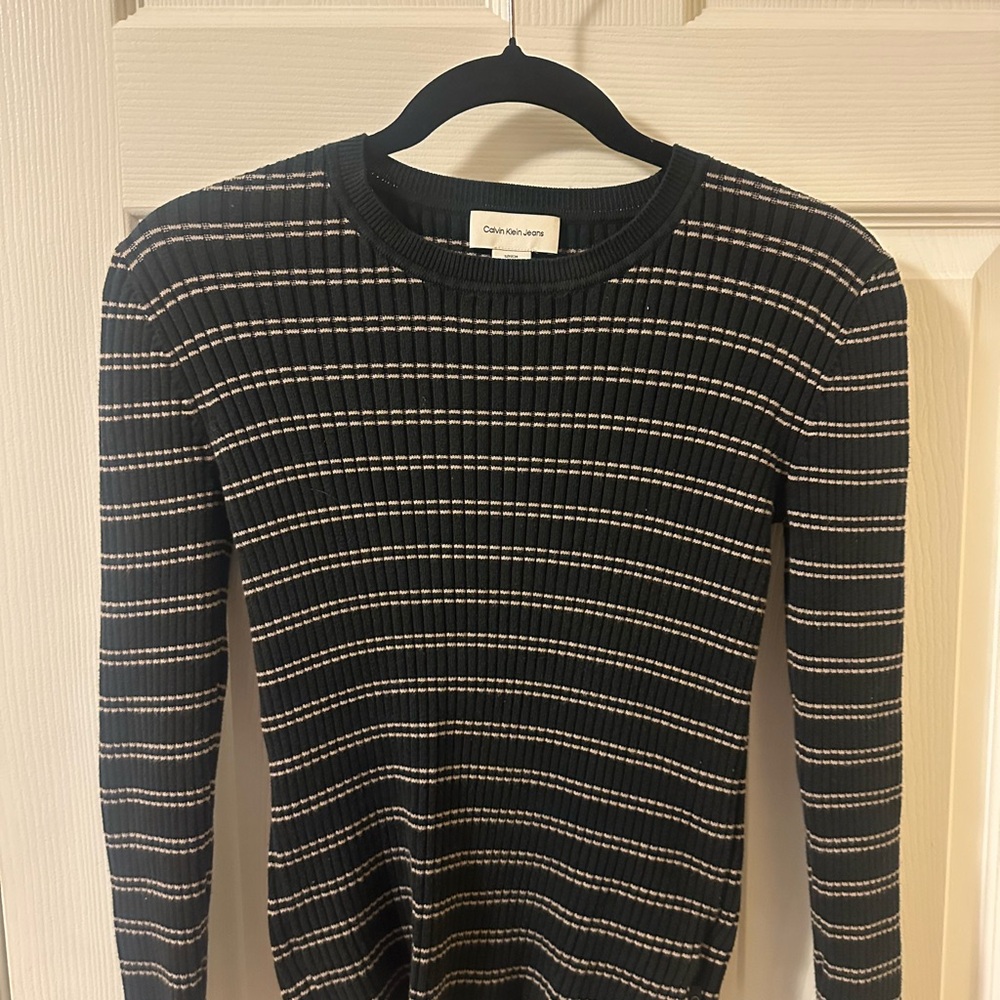 Calvin Klein Jeans Brown and Black Striped Crewneck Sweater